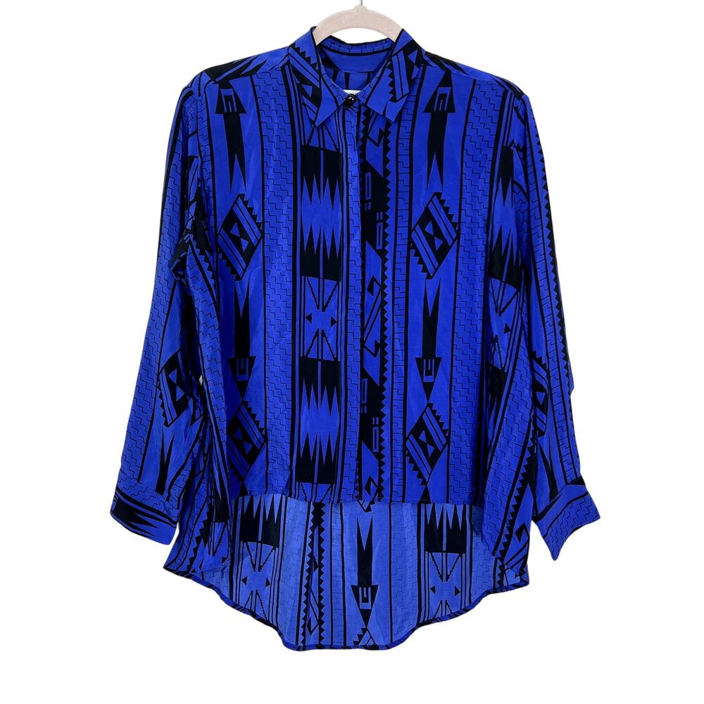 Copied - Amanda Uprichard Blue & Black Geometric Silk Long Sleeve Blouse Size MP